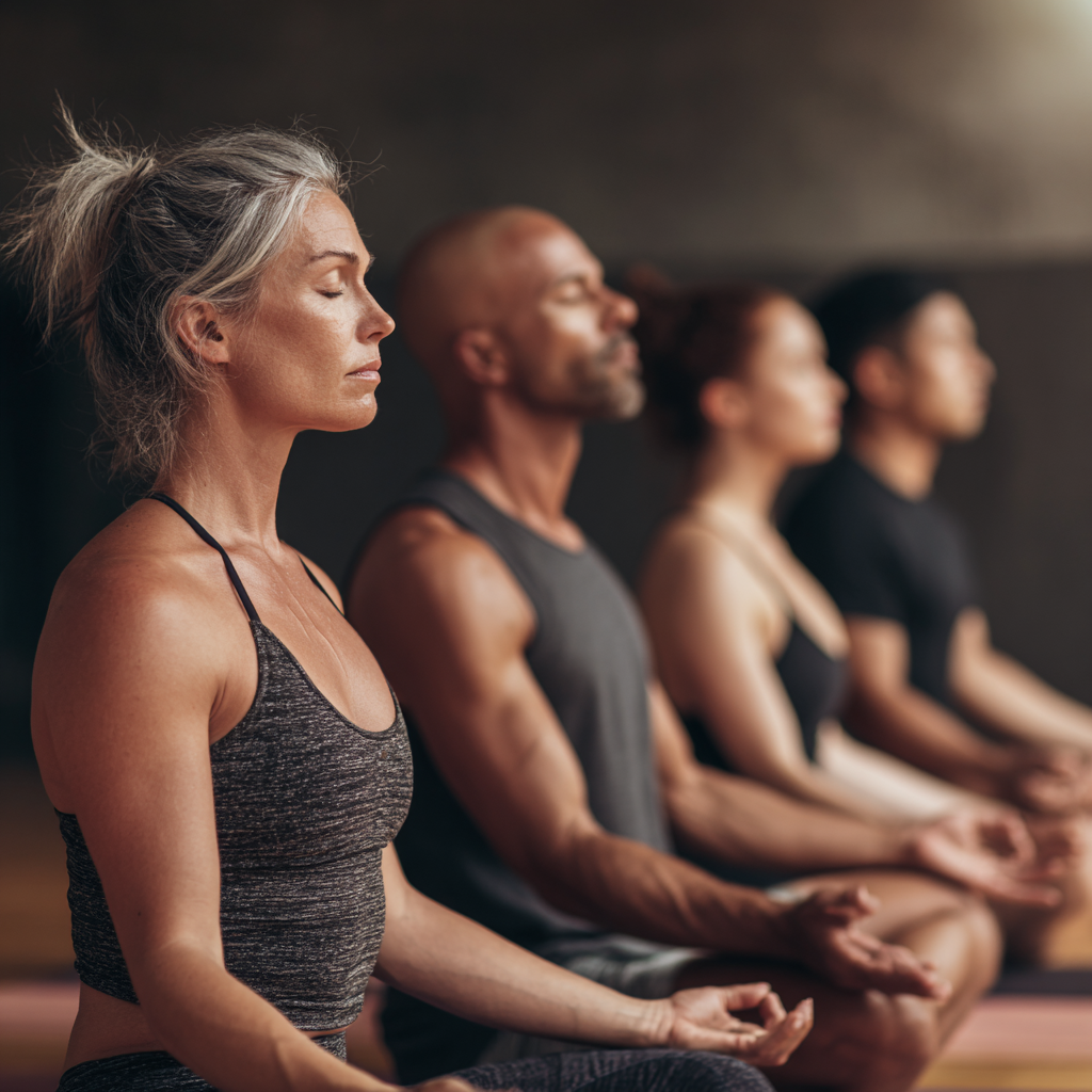 Group of diverse Ukrainian adults of different ages practicing yoga tension release techniques in a peaceful studio setting, showing gentle stretching and relaxation poses