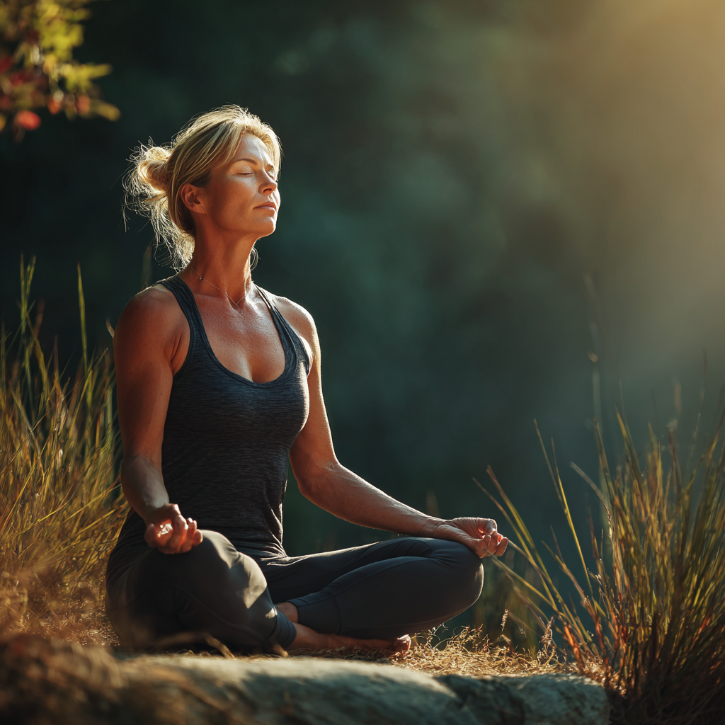 Serene Ukrainian woman in meditation pose, demonstrating inner peace and outer strength, surrounded by natural light in a tranquil yoga space